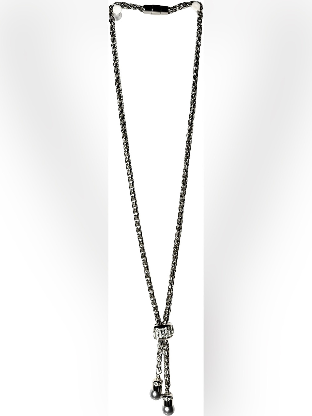 Silver Crystal Pavé Bead Chain Bolo Necklace